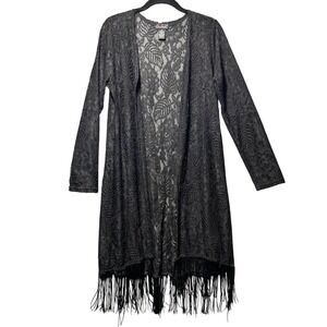 Black Lace Fringe Duster Cardigan Women's Medium Open Front Long Sheer